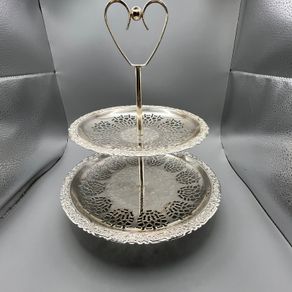 Vintage Silvery Metal Two Tier Cake Stand Engraved Lace Effect Doyley Plates