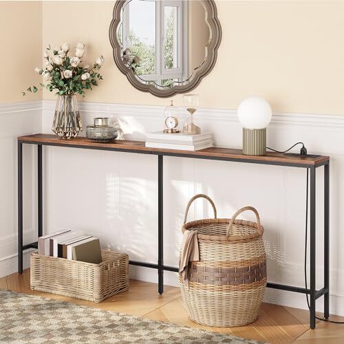 Console Table with Power Outlet, 180 cm Narrow Sofa Table, Industrial Entryway Table with USB Ports, Behind Couch Table for Entryway, Hallway, Foyer, Living Room, Rustic Brown