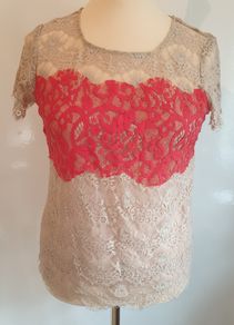 Ladies Lace Effect Top Blouse By Porcelain Beige & Red Measurements In Listing