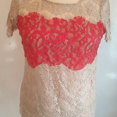 Ladies Lace Effect Top Blouse By Porcelain Beige & Red Measurements In Listing