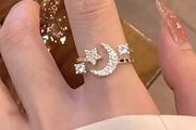 Crescent Moon Star Adjustable Crystal Gold Tone Ring