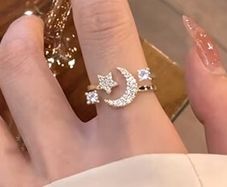 Crescent Moon Star Adjustable Crystal Gold Tone Ring