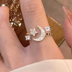 Crescent Moon Star Adjustable Crystal Gold Tone Ring