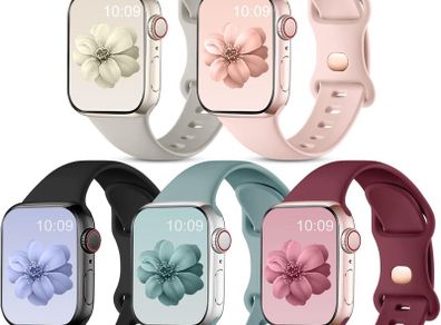 5 Pack Straps Compatible for Apple Watch Strap 38mm 40mm 41mm 42mm 44mm 45mm 46mm 49mm, Soft Silicone Sport Band for iWatch Series 11 10 9 8 7 6 5 4 3 2 1 SE SE3, Women Men