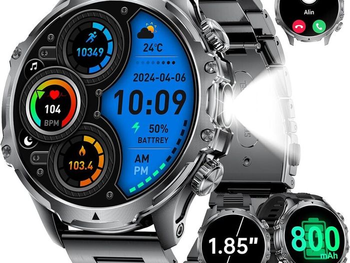 Smart Watch for Men with 800mAh/LED Flashlight, 1.85'' Smartwatch with Bluetooth Call/30+ Days Standby/Health Monitor, IP68 Waterproof Sport Tactical Military Fitness Tracker Watch for Android iOS