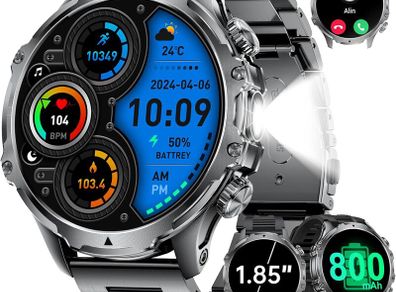 Smart Watch for Men with 800mAh/LED Flashlight, 1.85'' Smartwatch with Bluetooth Call/30+ Days Standby/Health Monitor, IP68 Waterproof Sport Tactical Military Fitness Tracker Watch for Android iOS