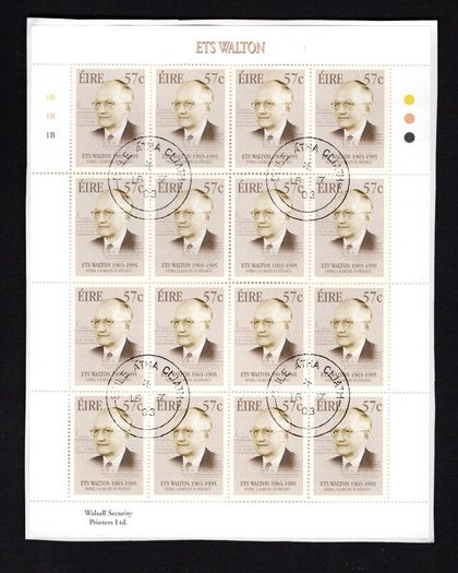 2003 Ireland Birth Centenaries of 50c Frank O'Connor & 57c ETS Walton Commemorative Stamp Sheetlet Plate 1A1A1A Fine CDS Used with Dublin cancel of 16th September 2003 (First day of issued) on envelope extract.