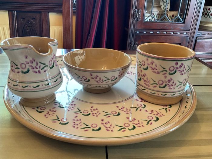 Nicholas Mosse REDUCED.  new lavender 4 piece set . Round platter , large mug , creamer and sugar bowl