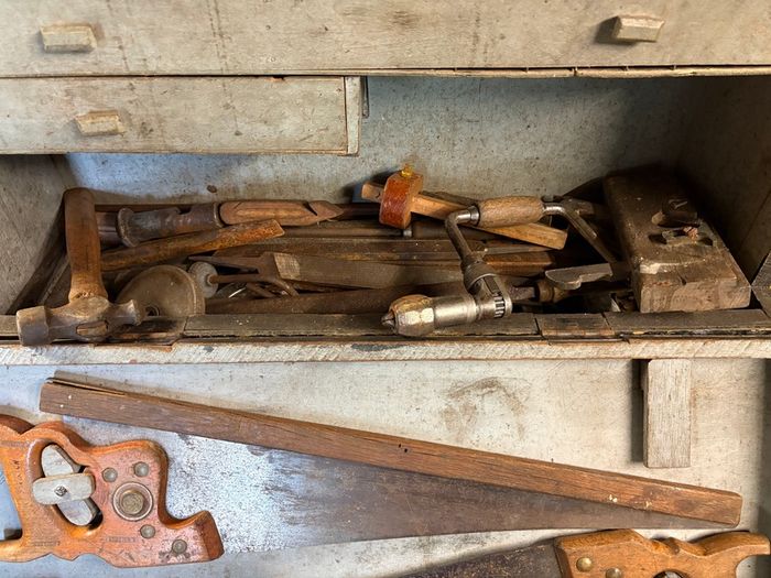 Large vintage tool box and tools