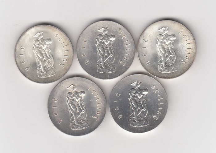 Ireland, 5 x Pearse 10/-, 1966, 83.3% silver coins, (no G20)