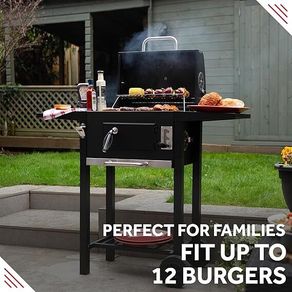 George Foreman Large Charcoal BBQ in Black Outdoor Smoker Barbecue Portable BBQ with Lid Cover, Adjustable Grill and Integrated Temperature Gauge,