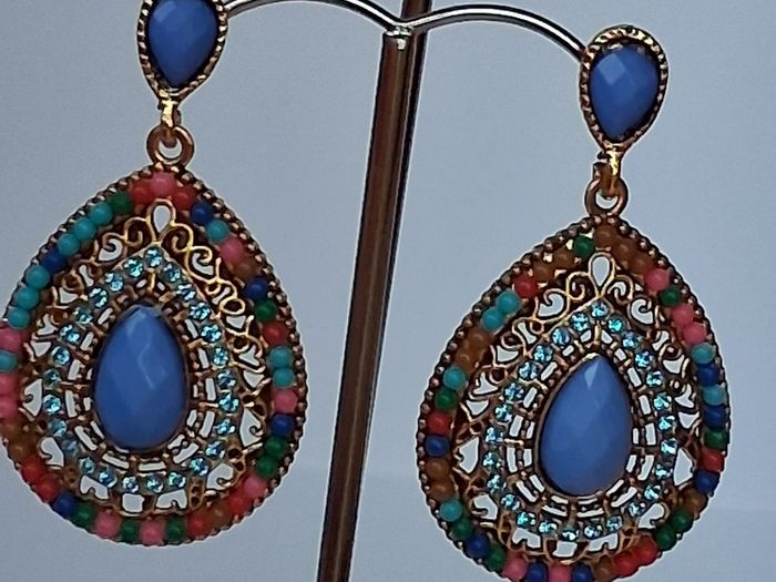 Gold Multi Coloured Crystal & Gem Boho Waterdrop Earrings
