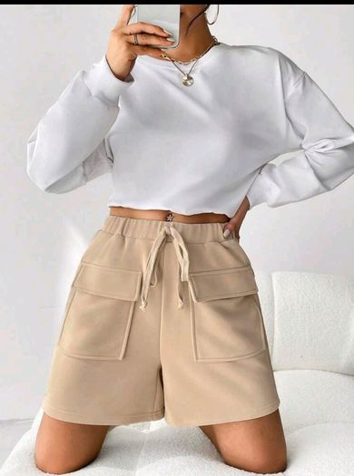 Flap Pocket Tie-Waist Apricot Shorts S