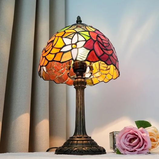 Lamp - Rose Flower Stained Glass Table Lamp 8x8x14 Inches - Rose Flower Style Desk Reading Light - Bedroom & Living Room Decor