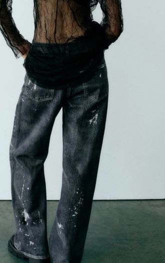 Fab Zara Blue Limited Edition Mid Rise Paint Splatter Washed Baggy Jeans  Size 42 UK 14