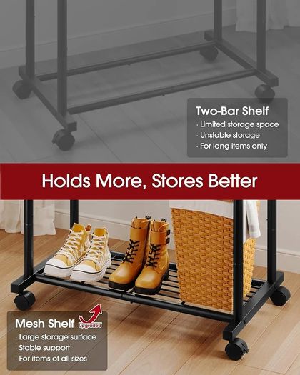 Clothes Rail - Double-Rod Rustproof Clothes Rack with Anti-Slip Stoppers, Shoes Shelf and Hooks, Multifunctional Hanging Rack for Laundry, Entryway, Bedroom, Shop, 73 x 42 x 150 cm, Black