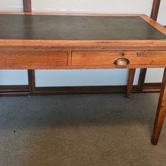 Solid Oak Writing Desk with Green Leather Inlay