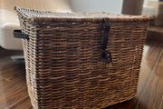 XLarge rattan storage basket with genuine leather trims