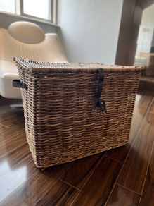 XLarge rattan storage basket with genuine leather trims