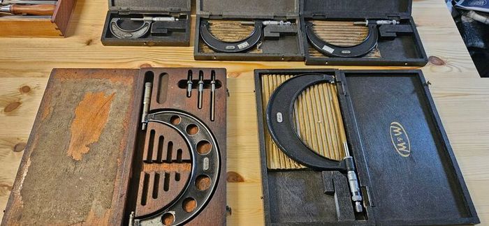 5 boxed micrometers, Starrett and M&W