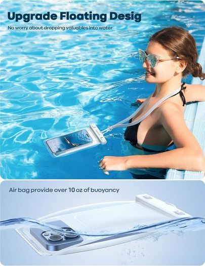 Lamicall Floating Waterproof Phone Pouch - [3D Seamless Body] IPX8 Waterproof Phone Case for Swimming Underwater Dry Bag with Lanyard for iPhone 17 16 15 14 13 12 Series, Samsung S23 [2 Pack] - White