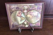 1980s Reproduction gold foil decorative map featuring double hemisphere framed