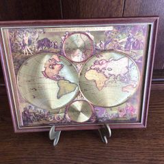 1980s Reproduction gold foil decorative map featuring double hemisphere framed