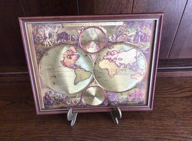 1980s Reproduction gold foil decorative map featuring double hemisphere framed