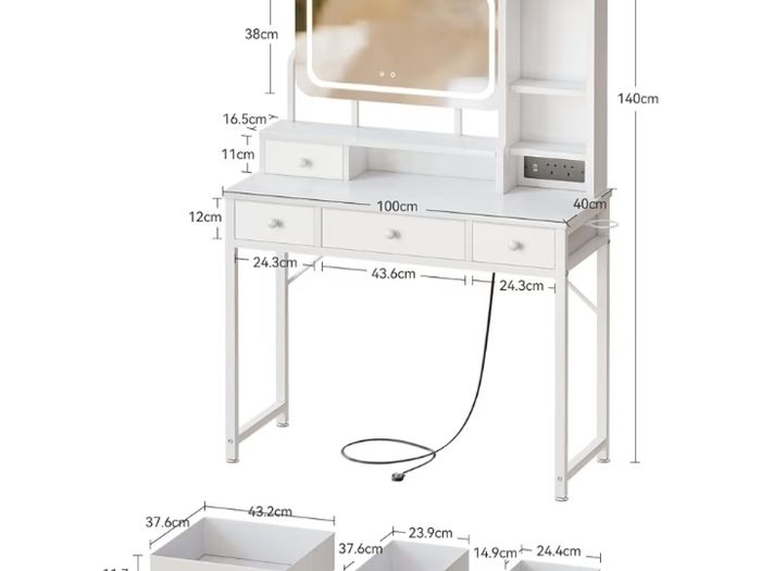 Dressing Table with Large LED Mirror 3 Lighting Modes Adjustable Brightness, Built in USB AC Socket Vanity Table with 4 Fabric Drawers, Modern Makeup Desk 100 40 140cm
