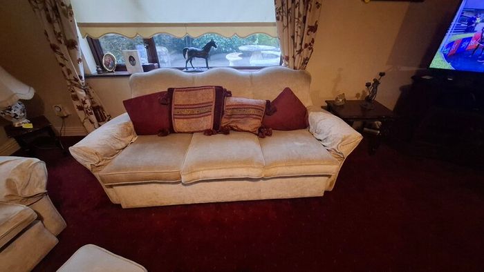 Genuine 1960s vintage sofa set, clean 1 seater armchair and three seater sofa. Solid frames, very comfortable. Footstool not included.