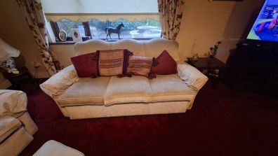 Genuine 1960s vintage sofa set, clean 1 seater armchair and three seater sofa. Solid frames, very comfortable. Footstool not included.