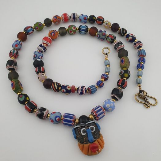Antique Venetian Style MulitColor Mix Glass & Old Face Glass Pendant Necklace