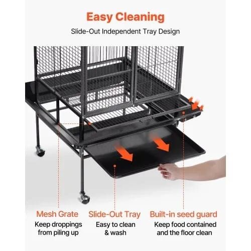 Bird Cage, 830 x 790 x 2100 mm, Open Flat Top, Wrought Iron Bird Flight Cage with Perches, Slide-Out Tray, Plastic Feeders, for Cockatiel, Monk Parakeet, Amazon Parrot, African Grey Parrot