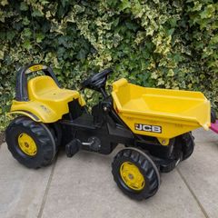 JCB with front tipper with 1trailer and round bales, and toddler John Deere tractor