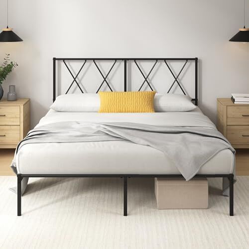 Elias Modern Double Metal Bed Frame with Headboard (135 x 190 cm) Steel Slat Support, Easy Assembly Black
