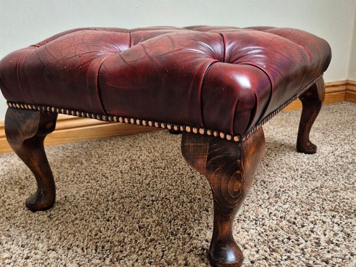 Vintage Chesterfield Queen Anne Leather Footstool Oxblood Red