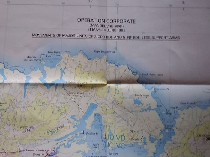 1982  Falklands War - Operation Corporate Manoeuvre Map of The East Falklands