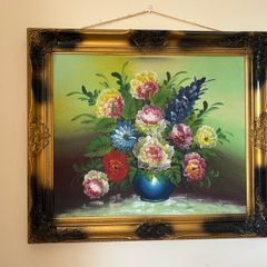Large Framed Floral Painting Vintage Style