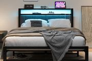 King Size Bed Frame with Storage and LED Lights,5ft Metal Platform Bed Frame King Size Bed Base with Charging Station,Mattress Base,Strong Slats Support,Under-bed Storage,Noise Free,Grey