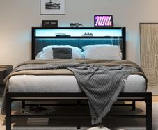 King Size Bed Frame with Storage and LED Lights,5ft Metal Platform Bed Frame King Size Bed Base with Charging Station,Mattress Base,Strong Slats Support,Under-bed Storage,Noise Free,Grey