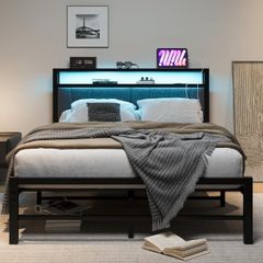 King Size Bed Frame with Storage and LED Lights,5ft Metal Platform Bed Frame King Size Bed Base with Charging Station,Mattress Base,Strong Slats Support,Under-bed Storage,Noise Free,Grey