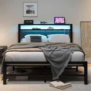 King Size Bed Frame with Storage and LED Lights,5ft Metal Platform Bed Frame King Size Bed Base with Charging Station,Mattress Base,Strong Slats Support,Under-bed Storage,Noise Free,Grey
