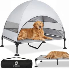 Elevated Dog Bed with UV-Proof Canopy, Raised Outdoor Dog Tent with Powerful Anti-Slip Feet, Portable Pet Cot with Wider Shade, Raised Cooling Bed for Camping, Backyard, Beach (Grey, XL)