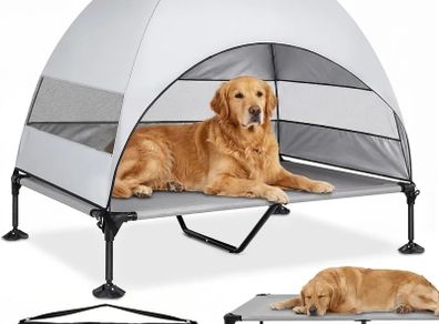 Elevated Dog Bed with UV-Proof Canopy, Raised Outdoor Dog Tent with Powerful Anti-Slip Feet, Portable Pet Cot with Wider Shade, Raised Cooling Bed for Camping, Backyard, Beach (Grey, XL)