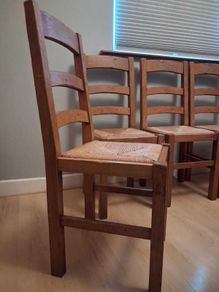 4 Antiqued rush seat French SOLID OAK kitchen chairs
