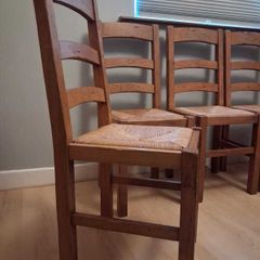 4 Antiqued rush seat French SOLID OAK kitchen chairs