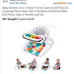 Baby Einstein 4-in-1 Kickin' Tunes Learn-to-Sit Music & Language Floor Seat, with 2 Positions and Detachable Kick Piano, Ages 4 Months and Up