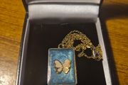 White Butterfly Necklace in Blue Background and Golden Frame