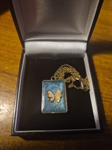 White Butterfly Necklace in Blue Background and Golden Frame