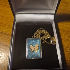 White Butterfly Necklace in Blue Background and Golden Frame